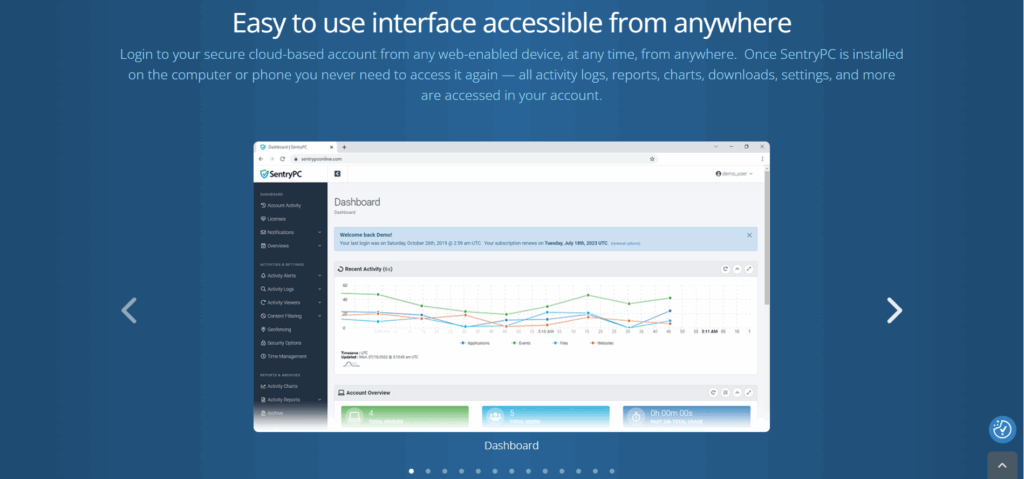 SentryPC dashboard displaying user activity logs and controls