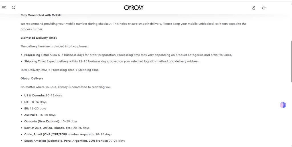 Shipping, Delivery & Global Reach oyrosy