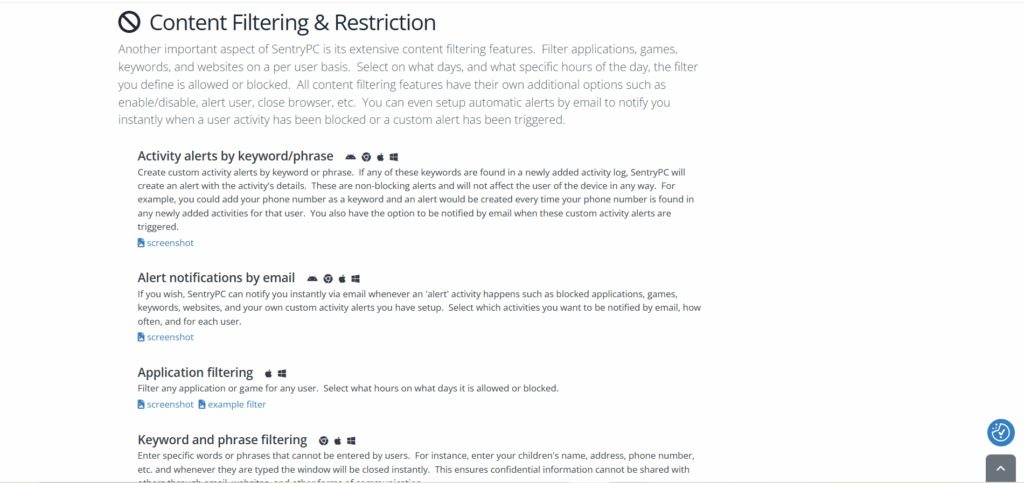 entryPC content filtering options with custom rules and categories